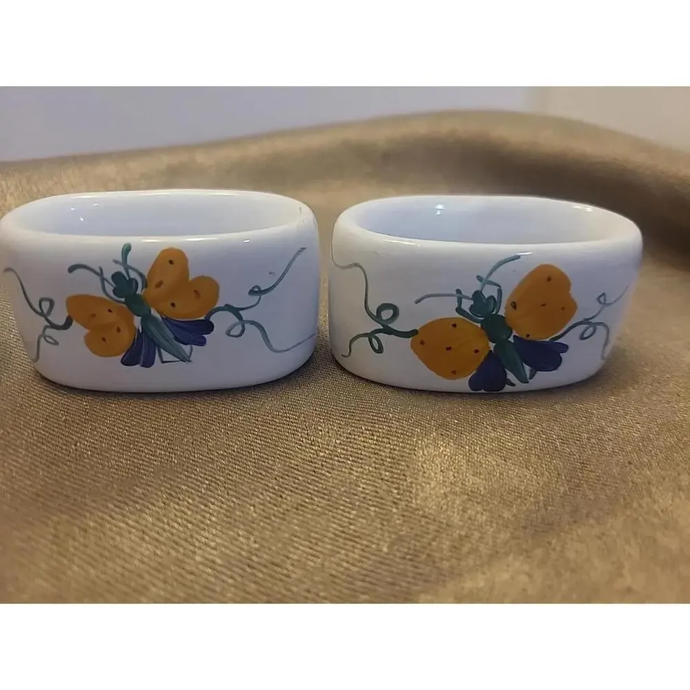 Herend Village Pottery Set Of 4 Hand Painted Vintage Butterfly Napkin Rings